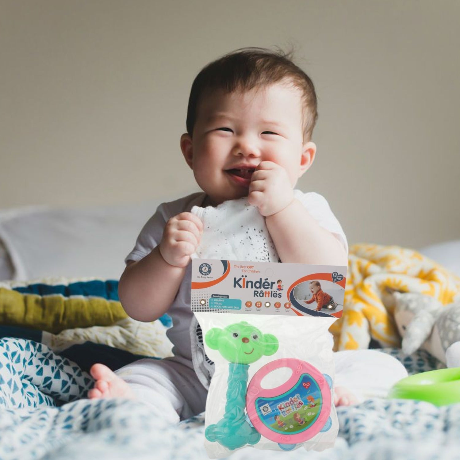 Two-piece set of baby rattles with a bright, appealing design for infant play. Two-piece set of baby rattles with a bright, appealing design for infant play.